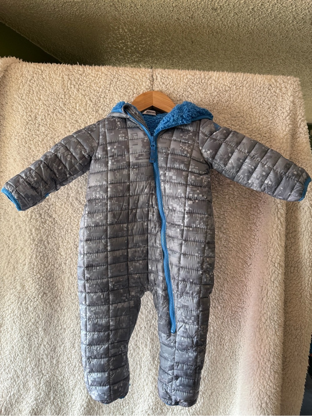 Snozu Kids Gray Quilted One-Piece Snowsuit with Blue Plush Lining 18 months